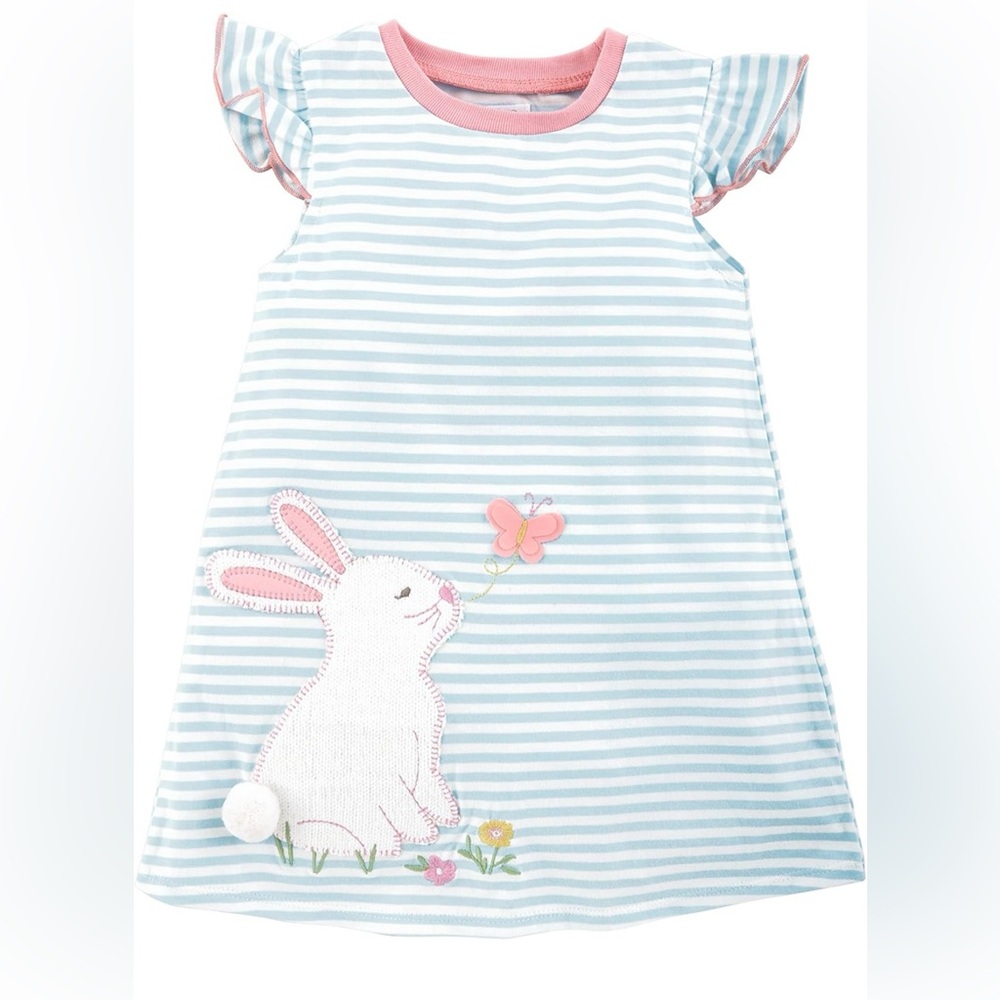 Mudpie Striped T- Shirt Dress with Bunny and Butterfly Size 2/3T